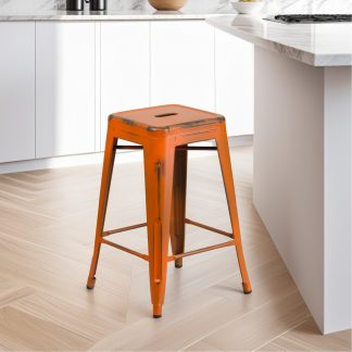 Kai 24" Industrial Tolix Style Bar Stool, Distressed Orange - Set of 4 - Modern Metal Counter Height