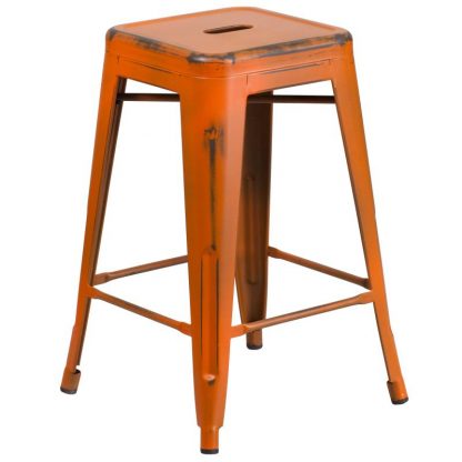 Kai 24" Industrial Tolix Style Bar Stool, Distressed Orange - Set of 4 - Modern Metal Counter Height - Image 3