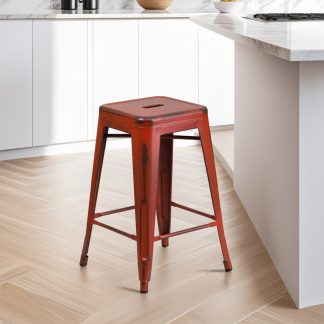 Kai 24" Industrial Tolix Style Bar Stool, Distressed Red - Set of 4 - Modern Metal Counter Height