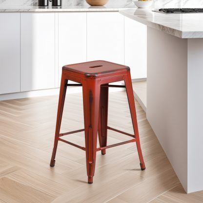 Kai 24" Industrial Tolix Style Bar Stool, Distressed Red - Set of 4 - Modern Metal Counter Height