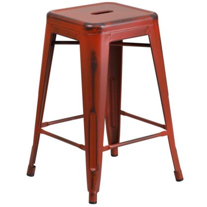 Kai 24" Industrial Tolix Style Bar Stool, Distressed Red - Set of 4 - Modern Metal Counter Height - Image 3