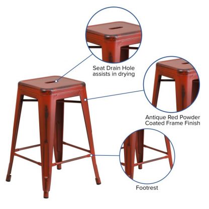Kai 24" Industrial Tolix Style Bar Stool, Distressed Red - Set of 4 - Modern Metal Counter Height - Image 6