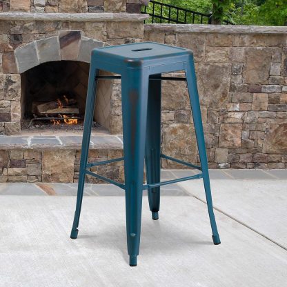 Kai 30" Industrial Tolix Style Bar Stool, Antique Blue - Set of 4 - Modern Metal Bar Height