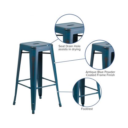 Kai 30" Industrial Tolix Style Bar Stool, Antique Blue - Set of 4 - Modern Metal Bar Height - Image 4