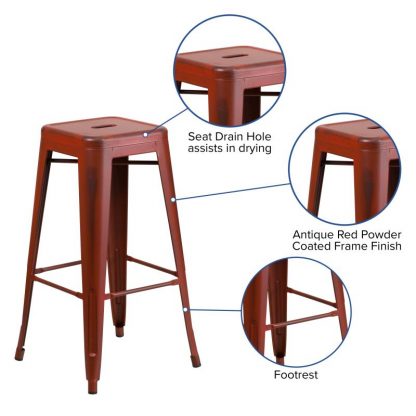 Kai 30" Industrial Tolix Style Bar Stool, Distressed Red - Set of 4 - Modern Metal Bar Height - Image 6