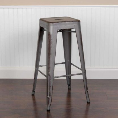 Kai 30" Industrial Tolix Style Bar Stool, Silver Grey - Set of 4 - Modern Metal Bar Height