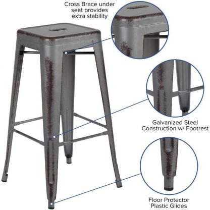 Kai 30" Industrial Tolix Style Bar Stool, Silver Grey - Set of 4 - Modern Metal Bar Height - Image 9