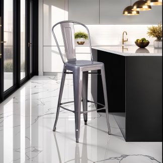 Lincoln 30" Industrial Tolix Style Bar Chair, Metal Clear Coat - Set of 4 - Modern Metal Bar Height