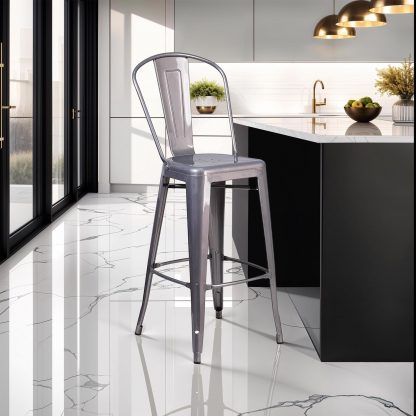 Lincoln 30" Industrial Tolix Style Bar Chair, Metal Clear Coat - Set of 4 - Modern Metal Bar Height