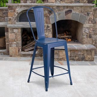 Blake 24" Industrial Style Bar Stool Chair, Antique Blue - Set of 4 - Modern Metal Counter Height
