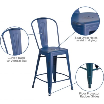 Blake 24" Industrial Style Bar Stool Chair, Antique Blue - Set of 4 - Modern Metal Counter Height - Image 4