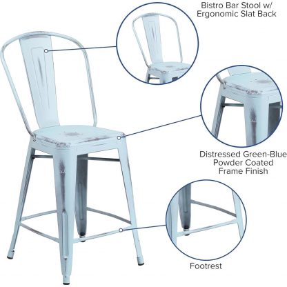 Blake 24" Industrial Style Bar Stool Chair, Pale Blue - Set of 4 - Modern Metal Counter Height - Image 7