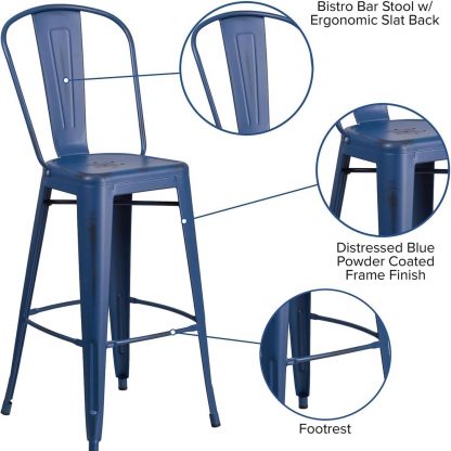 Blake 30" Industrial Style Bar Stool Chair, Antique Blue - Set of 4 - Modern Metal Bar Height - Image 7