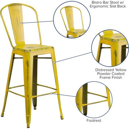 Blake 30" Industrial Style Bar Stool Chair, Yellow - Set of 4 - Modern Metal Bar Height - Image 7