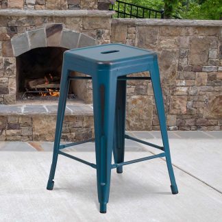 Kai 24" Industrial Style Bar Stool, Antique Blue - Set of 4 - Modern Metal Counter Height