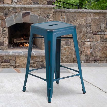 Kai 24" Industrial Style Bar Stool, Antique Blue - Set of 4 - Modern Metal Counter Height