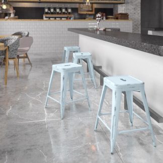 Kai 24" Industrial Style Bar Stool, Pale Blue - Set of 4 - Modern Metal Counter Height