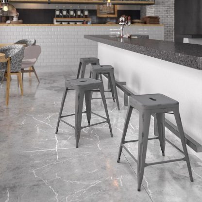 Kai 24" Industrial Style Bar Stool, Silver - Set of 4 - Modern Metal Counter Height