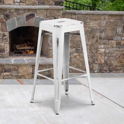 Kai 30" Industrial Style Bar Stool Distressed White - Set of 4 - Modern Metal Bar Height