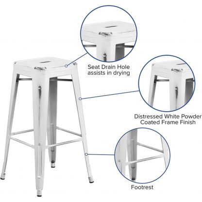 Kai 30" Industrial Style Bar Stool Distressed White - Set of 4 - Modern Metal Bar Height - Image 5