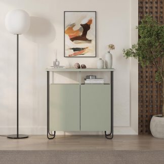 Decortie Cornea 2 Door Sideboard Buffet Unit Ash Green with Open Shelf & Black Metal Frame