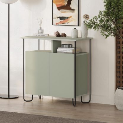 Decortie Cornea 2 Door Sideboard Buffet Unit Ash Green with Open Shelf & Black Metal Frame - Image 5