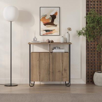 Decortie Cornea 2 Door Sideboard Buffet Unit Dark Oak with Open Shelf & Black Metal Frame