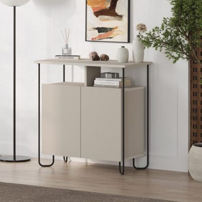 Decortie Cornea 2 Door Sideboard Buffet Unit Sandstone with Open Shelf & Black Metal Frame - Image 4