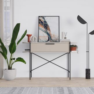 Decortie Otis 1 Drawer 2 Shelf Console Table - Matt Sandstone with Black Metal Frame
