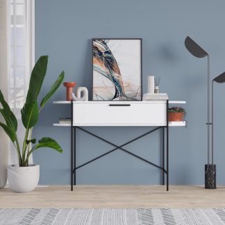 Decortie Otis 1 Drawer 2 Shelf Console Table - Matt White with Black Metal Frame