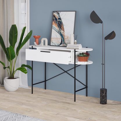 Decortie Otis 1 Drawer 2 Shelf Console Table - Matt White with Black Metal Frame - Image 5