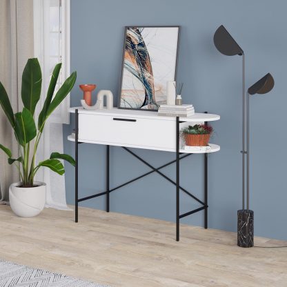 Decortie Otis 1 Drawer 2 Shelf Console Table - Matt White with Black Metal Frame - Image 4