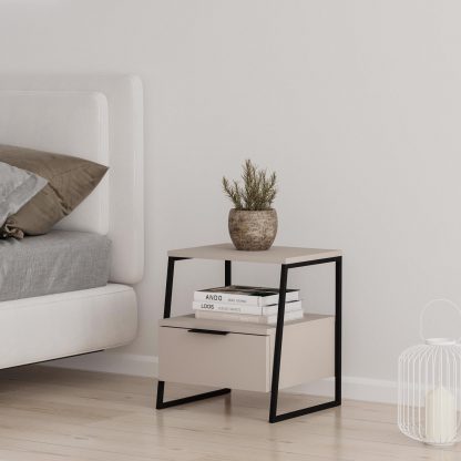 Decortie Pal Modern Bedside Table With Drawer Sandstone 45cm Wide - Image 4