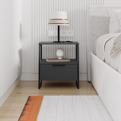 Decortie Pal Modern Bedside Table With Drawer Anthracite 45cm Wide