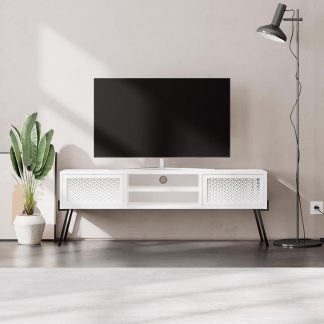 Decortie Naive 2 Door TV Unit Stand - White with Black Metal Legs