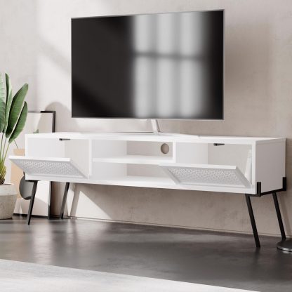 Decortie Naive 2 Door TV Unit Stand - White with Black Metal Legs - Image 6