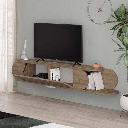 Decortie Tone Modern Wall Mounted TV Unit Stand Dark Oak with Storage - Image 4