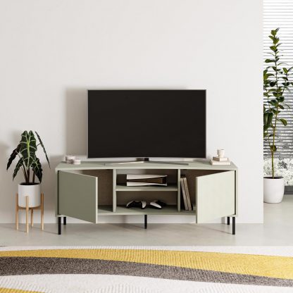 Decortie Frem Modern Curved TV Stand 2 Door Unit Ash Green - Image 4