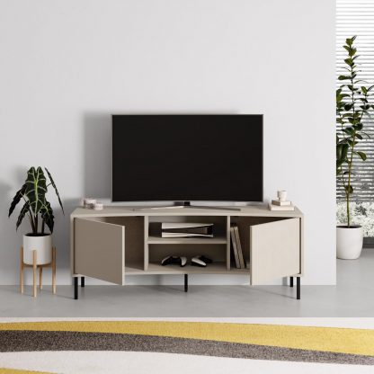 Decortie Frem Modern Curved TV Stand 2 Door Unit Sandstone - Image 4