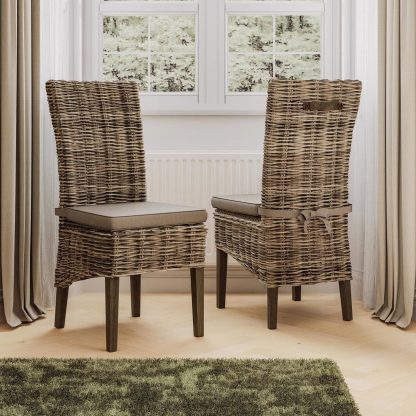 Maya Pair Of Handmade Kubu Rattan Grey Wash Dining Chair Dark Legs