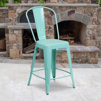 Blake 24" Industrial Style Bar Stool Chair, Mint Green - Set of 4 - Modern Metal Counter Height