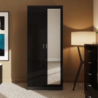 FWStyle Chilton 2 Door Wardrobe With Mirror - Black Gloss Front