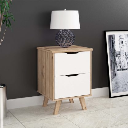 Forte Scandinavian 2 Drawer Bedside Cabinet - Matt White & Light Oak - Image 2