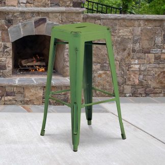 Kai 30" Industrial Style Bar Stool, Green - Set of 4 - Modern Metal Bar Height