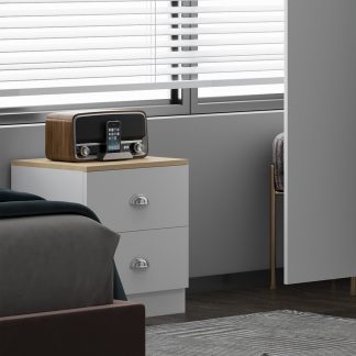 FWStyle Esher 2 Drawer Bedside Table Matt White With Oak Top