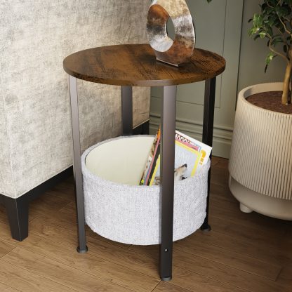 Industrial Design Side Table With Cream Fabric Storage Base - Image 4