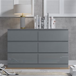 FWStyle Stora 6 Drawer Wide 3+3 Chest Of Drawers - Grey Gloss Front
