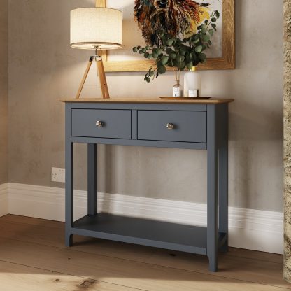 Taberno Oak 2 Drawer Console Hallway Table Graphite Blue - Image 4