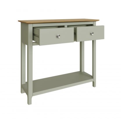 Taberno Oak 2 Drawer Console Hallway Table Sage Green - Image 3