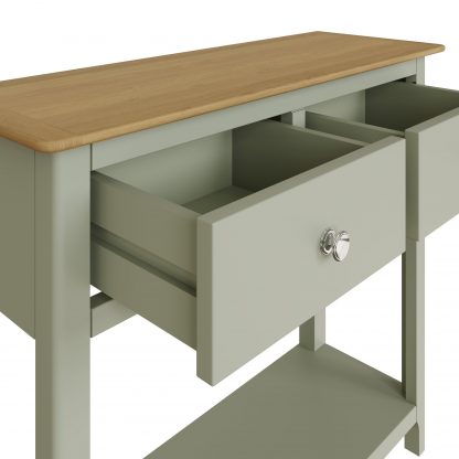 Taberno Oak 2 Drawer Console Hallway Table Sage Green - Image 7